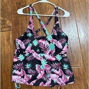 Leaf Print Drawstring‎ Cross Back Scoop Stylish Swimsuits top only - size XL